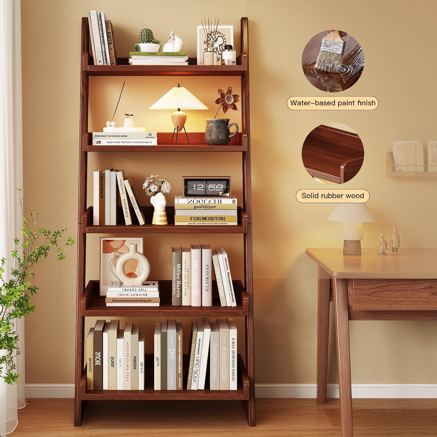 Walnut Solid Wood 5-Tier Leaning Ladder Shelf