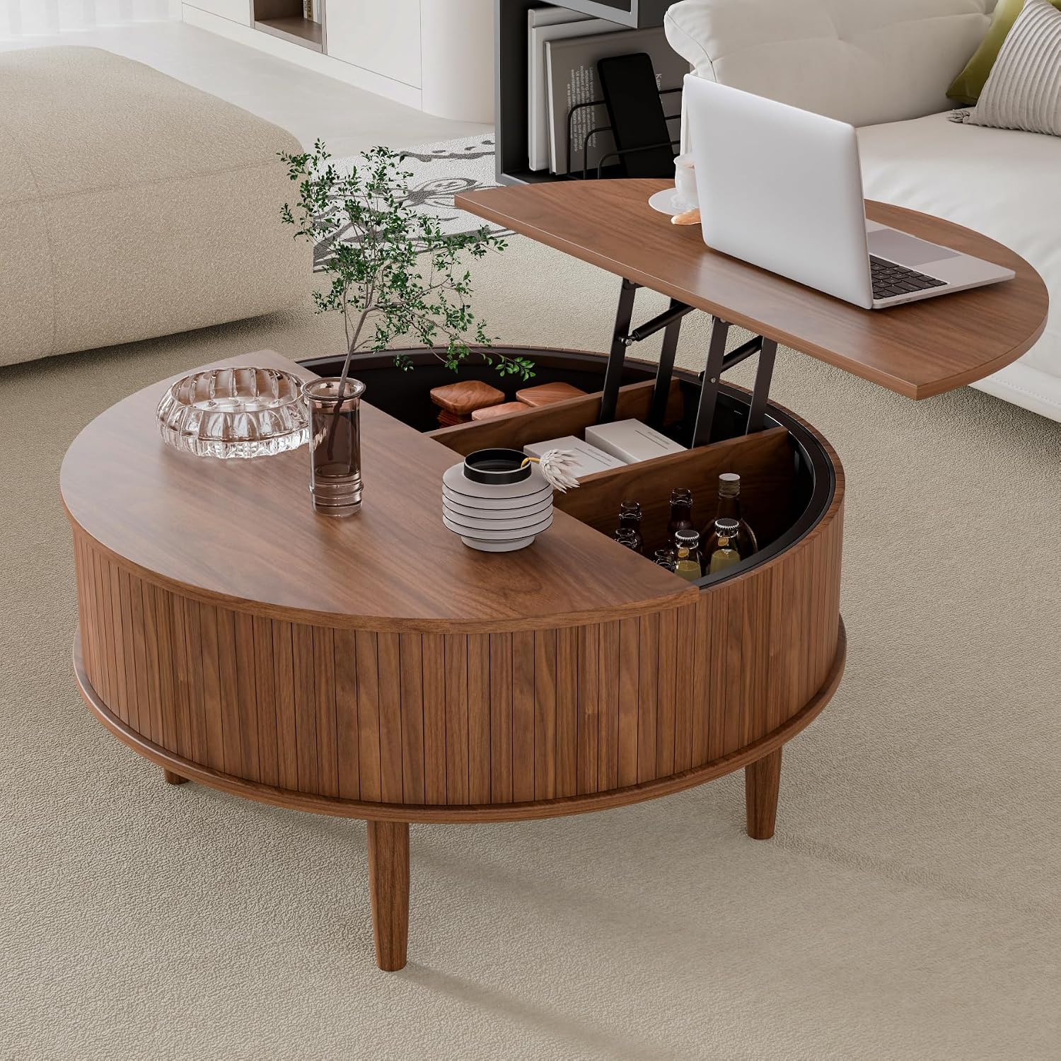 31.5" Walnut Fluted Round Coffee Table
