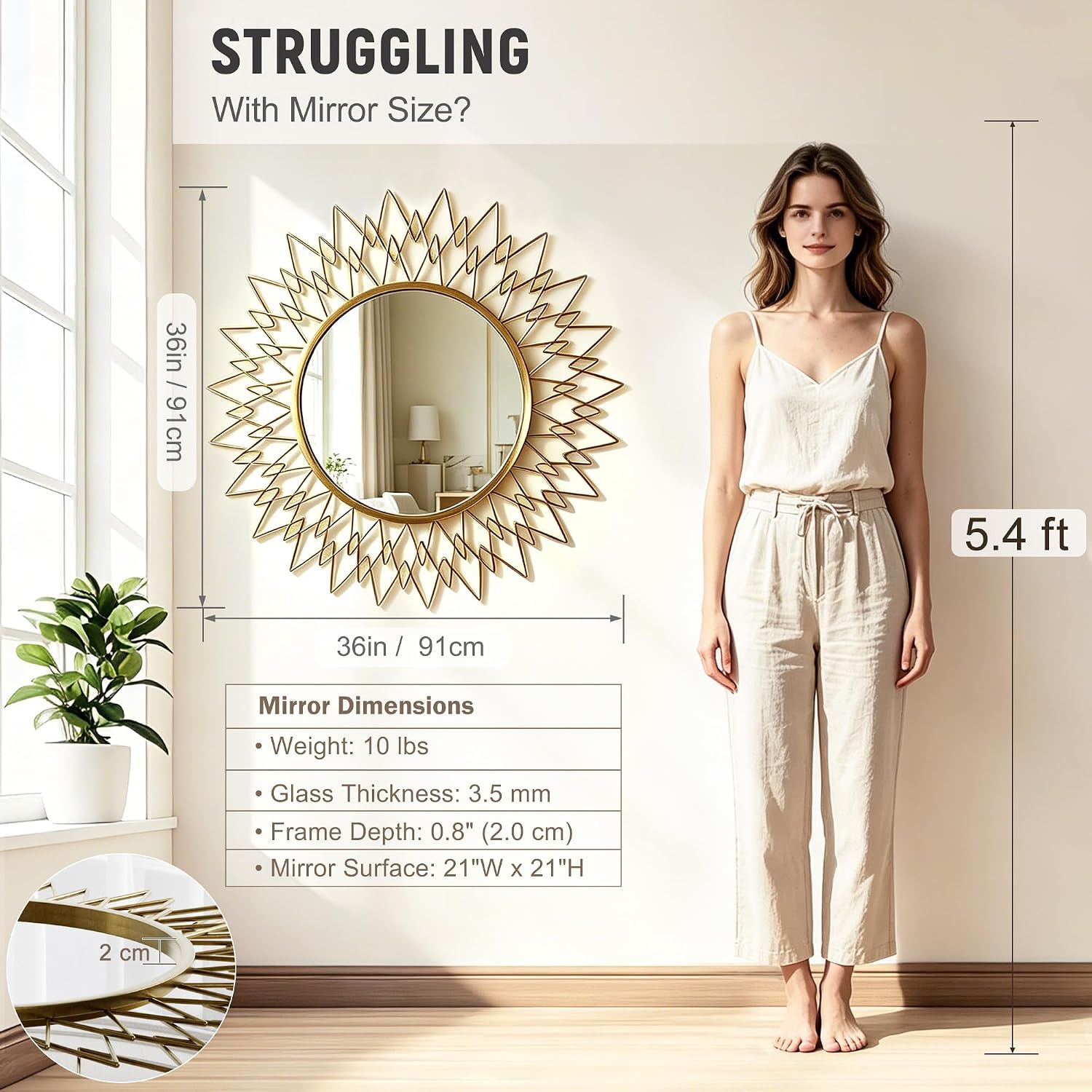 36" Champagne Gold Sunburst Round Wall Mirror
