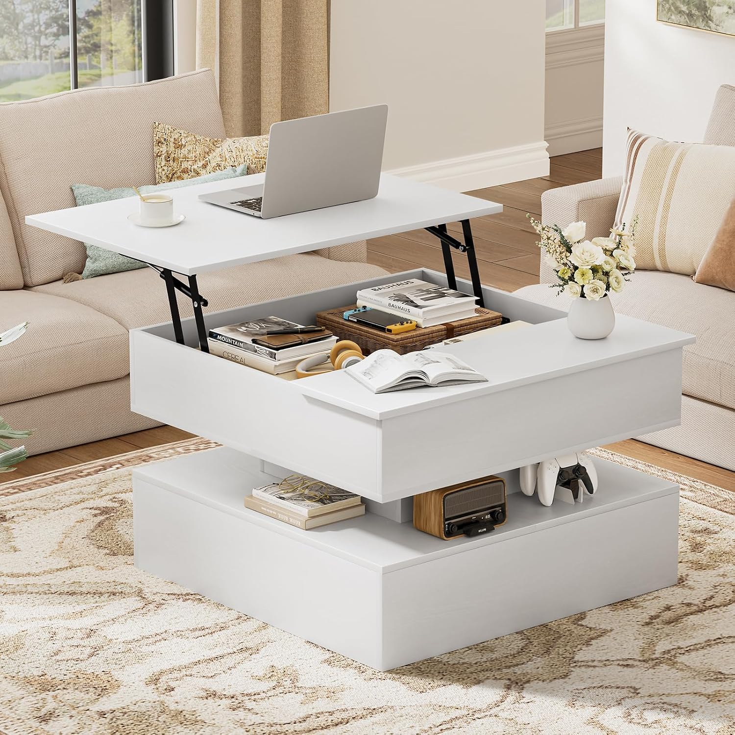 31.5" White Lift Top Storage Square Coffee Table