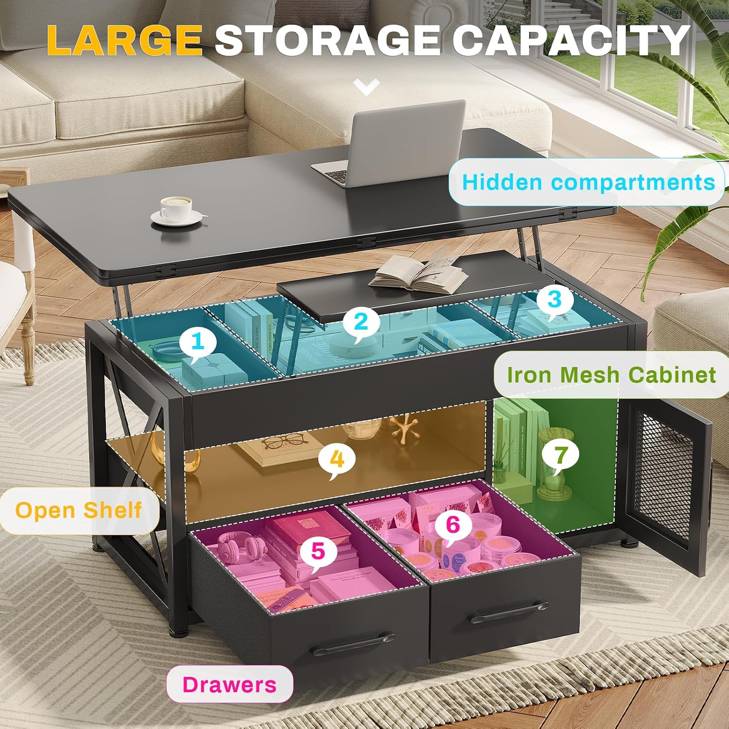 Black 4-in-1 Lift Top Storage Coffee Table