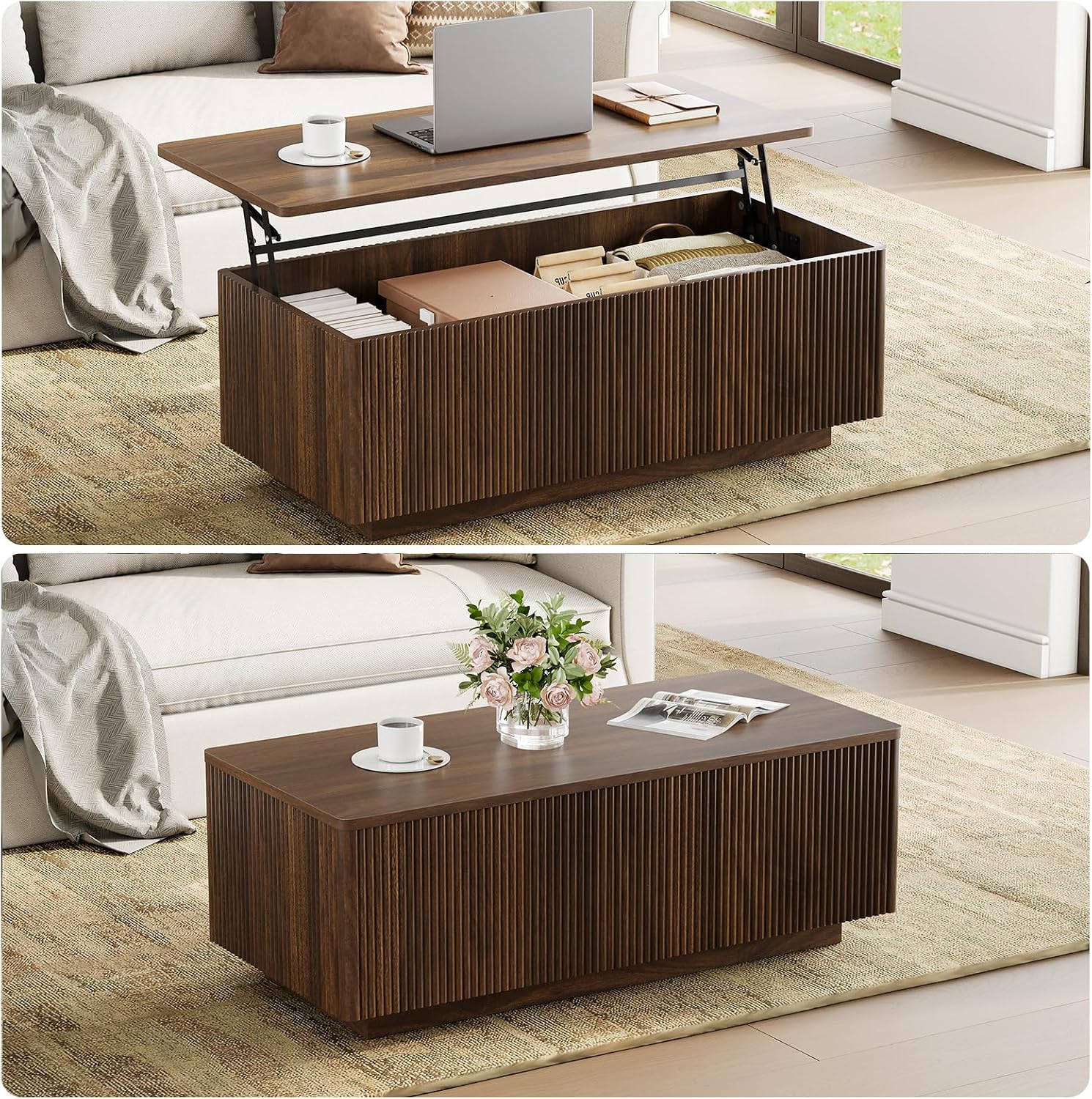 Walnut Fluted Lift Storage Coffee Table