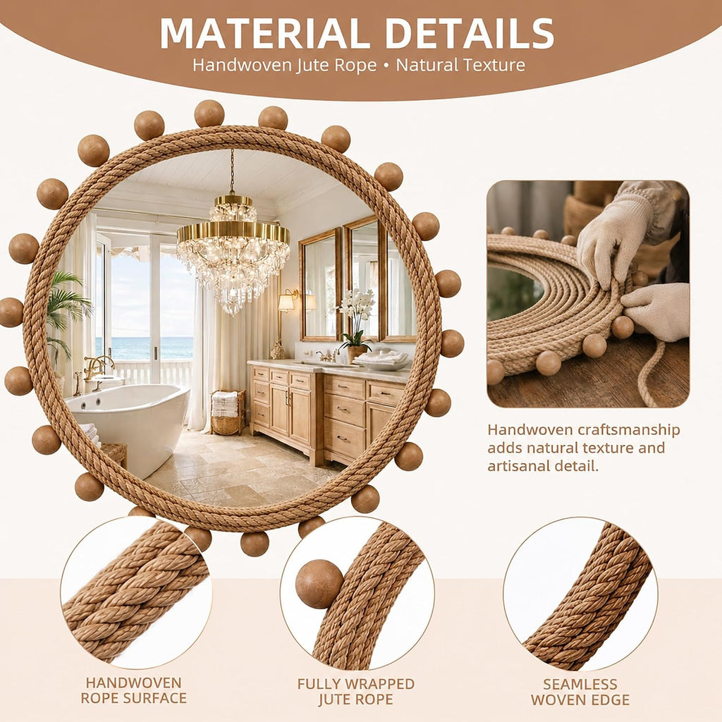 30" Round Jute Rope Beaded Wall Mirror