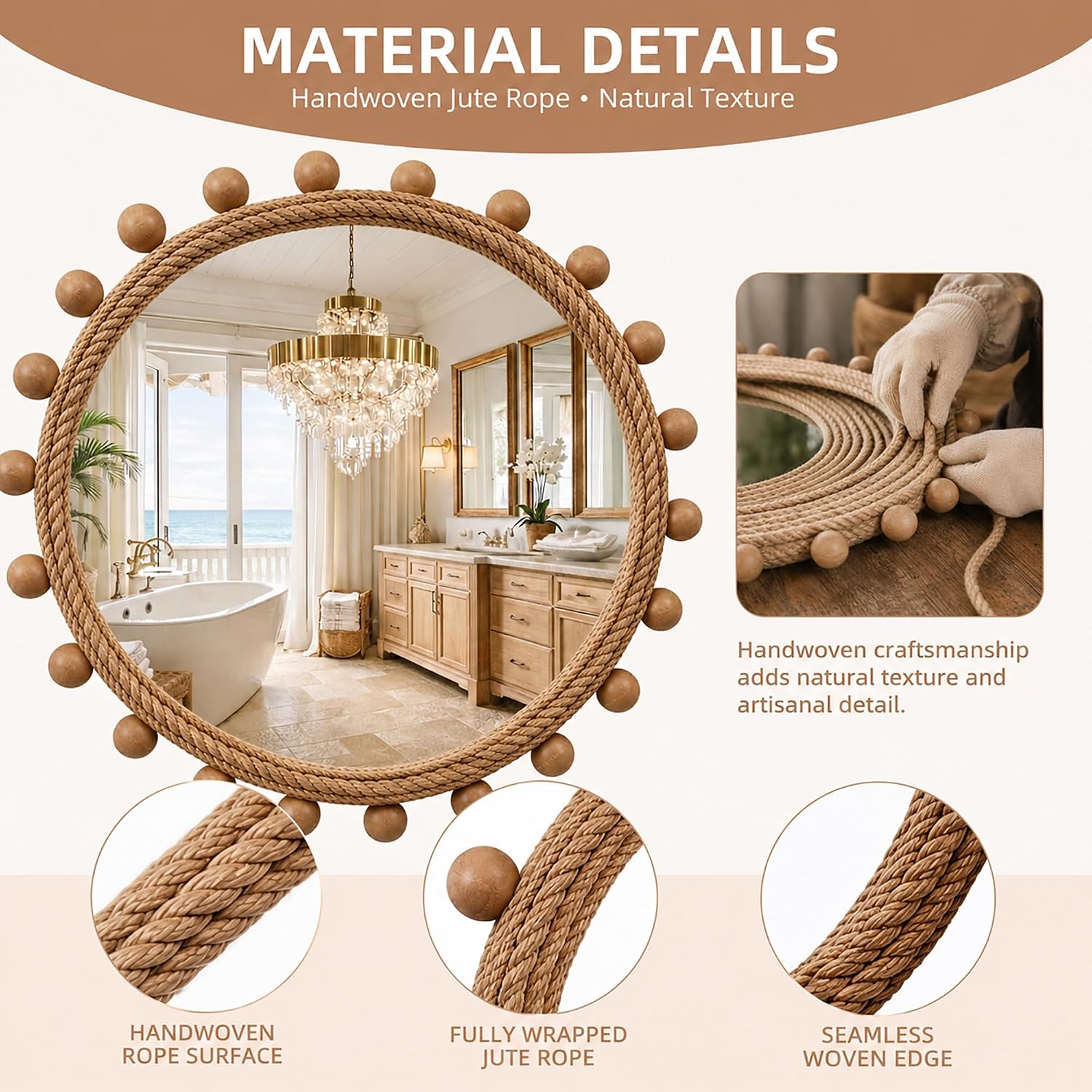 30" Round Jute Rope Beaded Wall Mirror