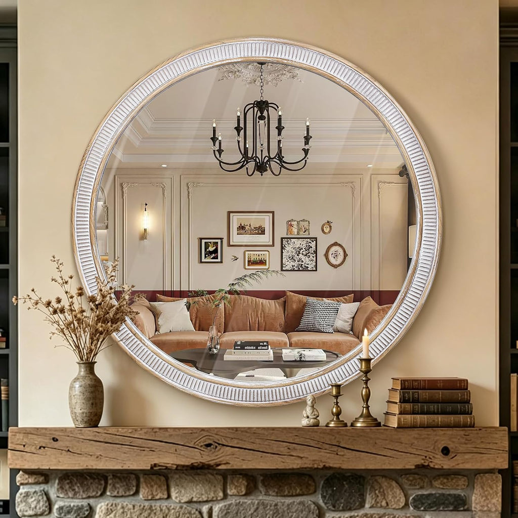 30" Rustic Wood Look Round Wall Mirror