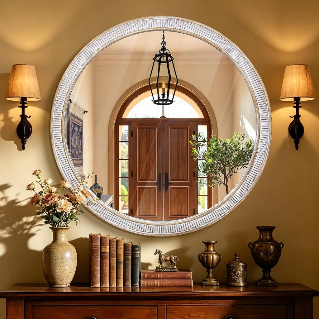 30" Rustic Wood Look Round Wall Mirror