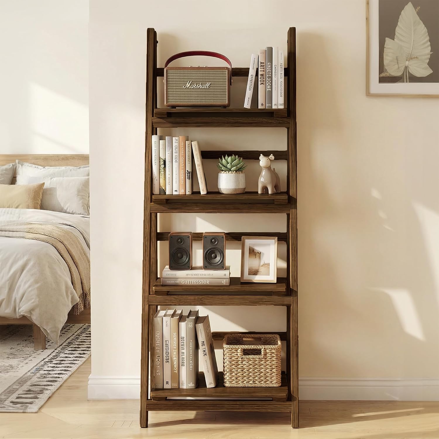 Brown Folding 4-Tier Wooden Ladder Shelf
