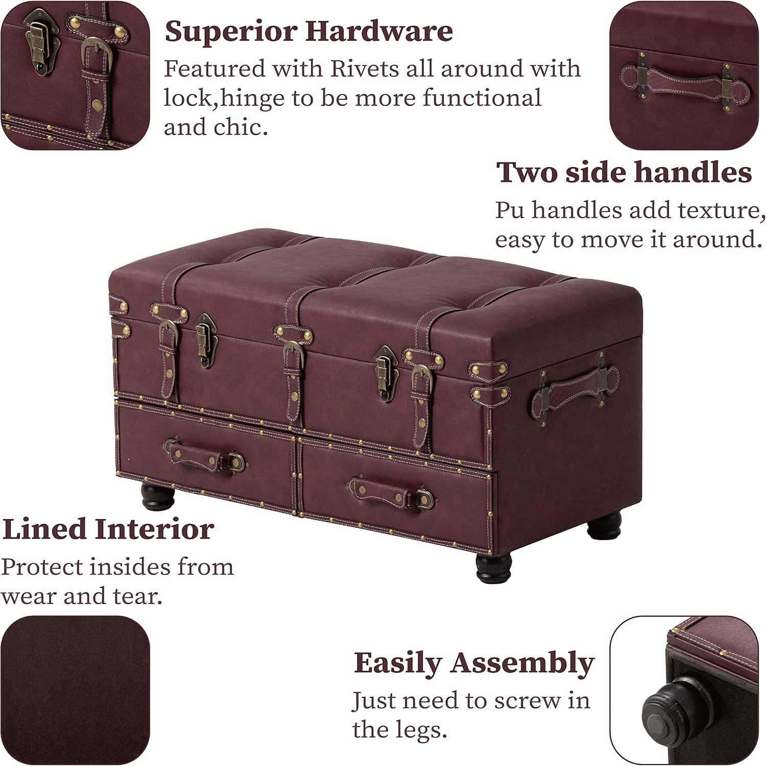 Burgundy Vintage Storage Ottoman Bench