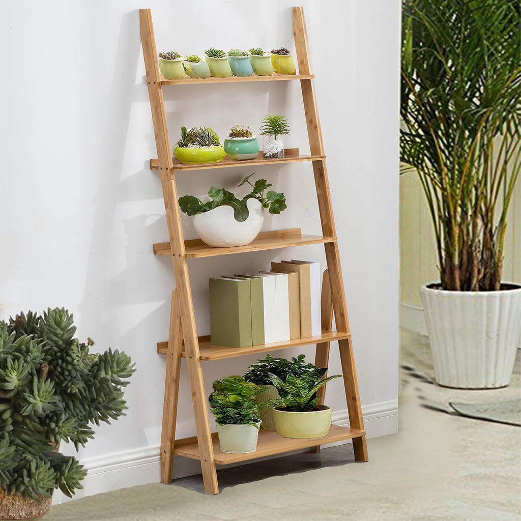 Natural Bamboo 5-Tier Ladder Bookshelf