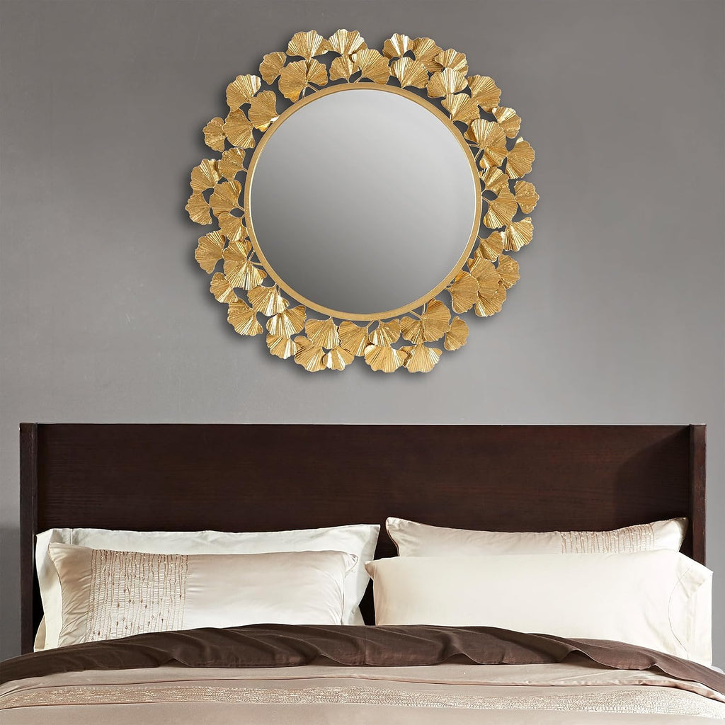 30.5" Antique Gold Gingko Leaf Round Wall Mirror
