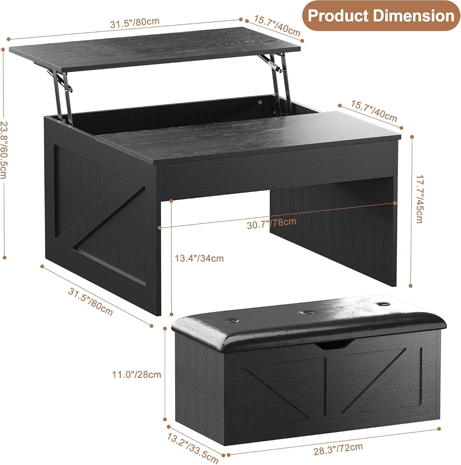 31.5" Black Farmhouse Lift Top Coffee Table with Bench