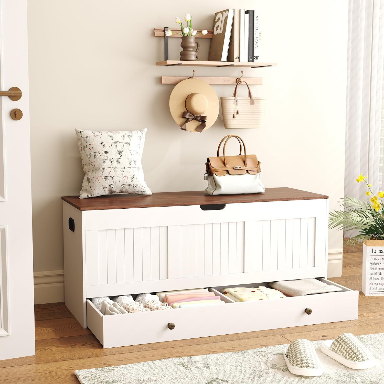 White Brown Storage Chest Bench