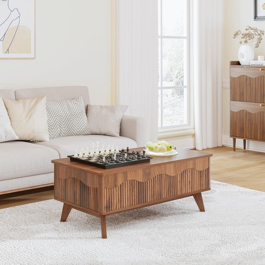 Walnut Fluted Wave Lift Top Rectangular Coffee Table