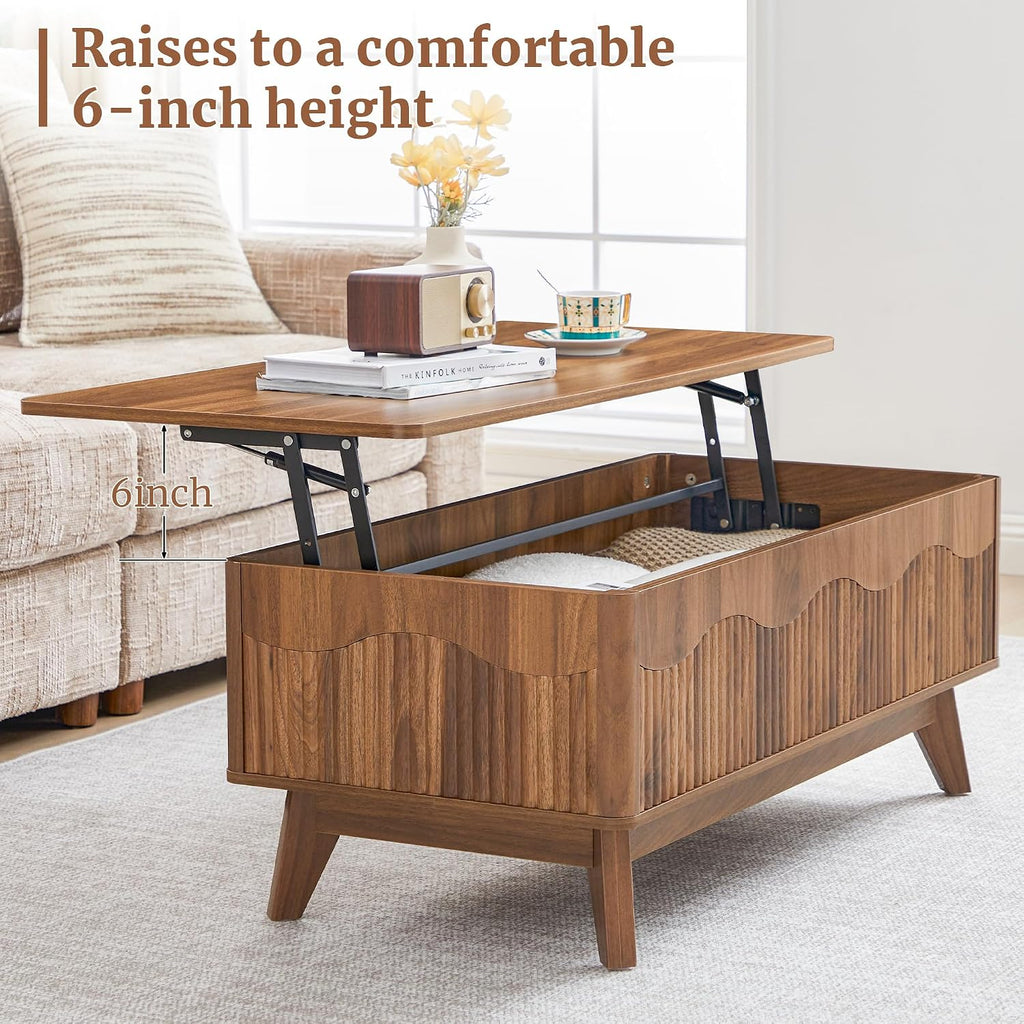 Walnut Fluted Wave Lift Top Rectangular Coffee Table