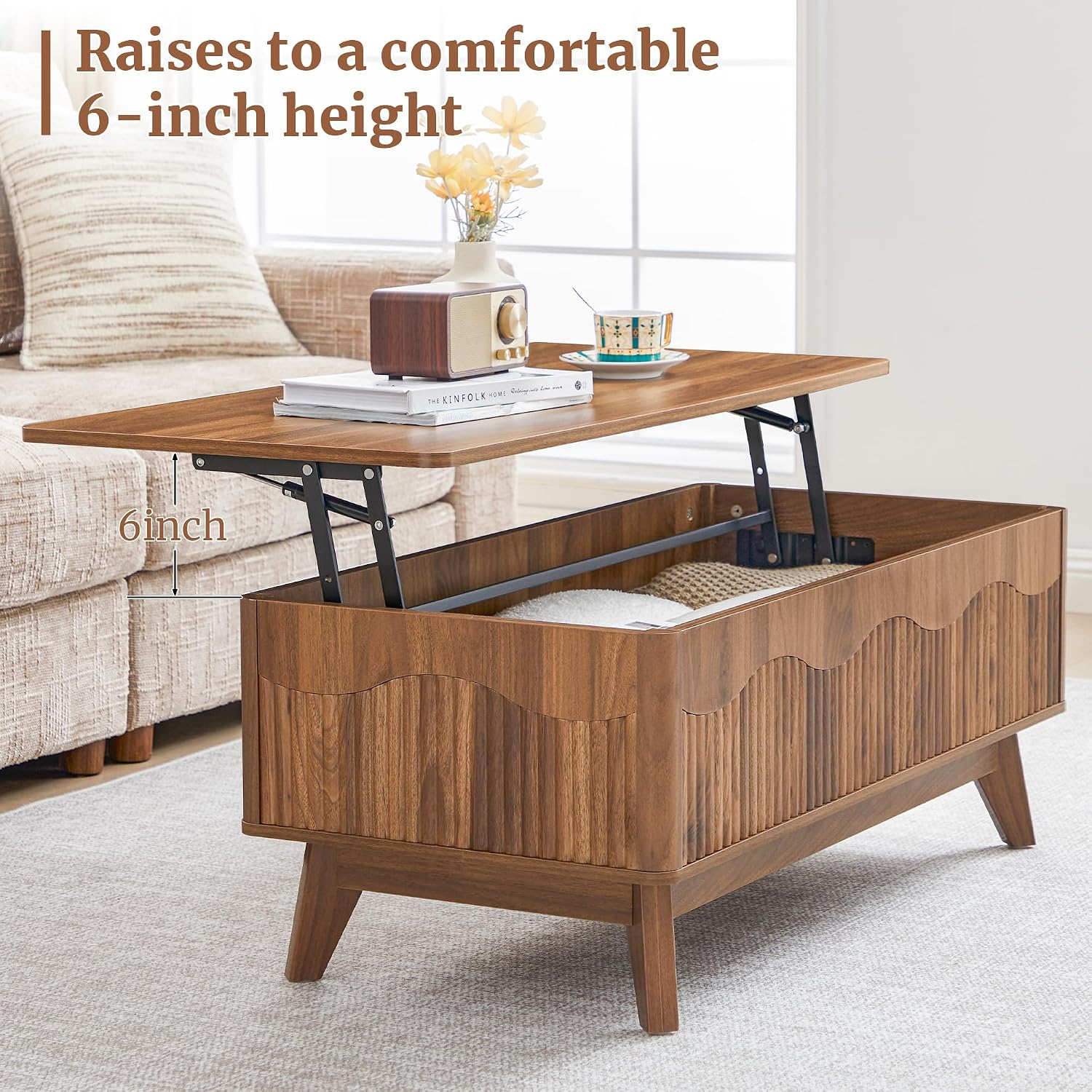 Walnut Fluted Wave Lift Top Rectangular Coffee Table