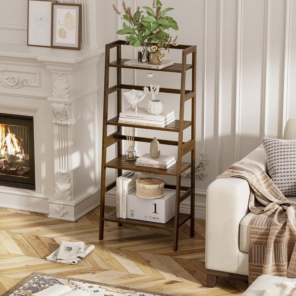 Walnut Bamboo 4-Tier Ladder Display Shelf