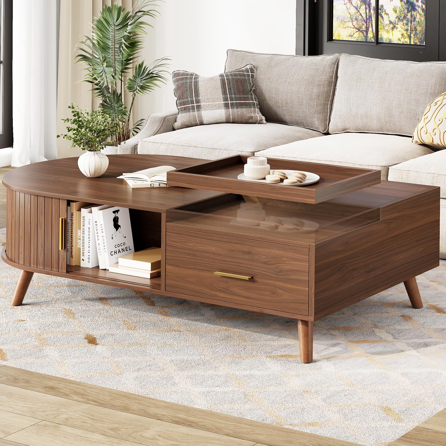 47" Fluted Oval Lift Storage Coffee Table