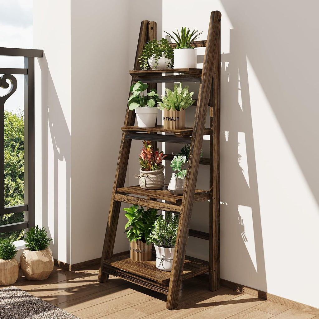 Brown Folding 4-Tier Wooden Ladder Shelf