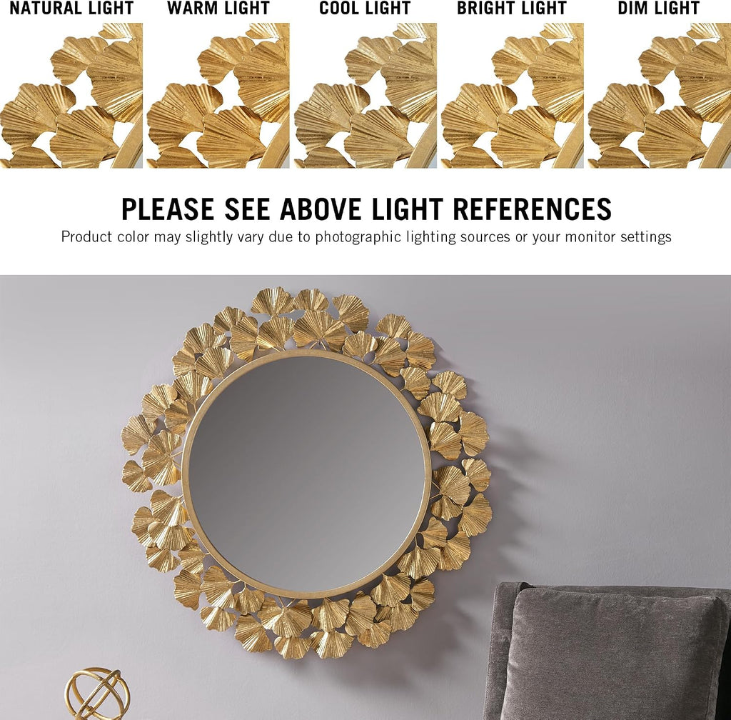 30.5" Antique Gold Gingko Leaf Round Wall Mirror