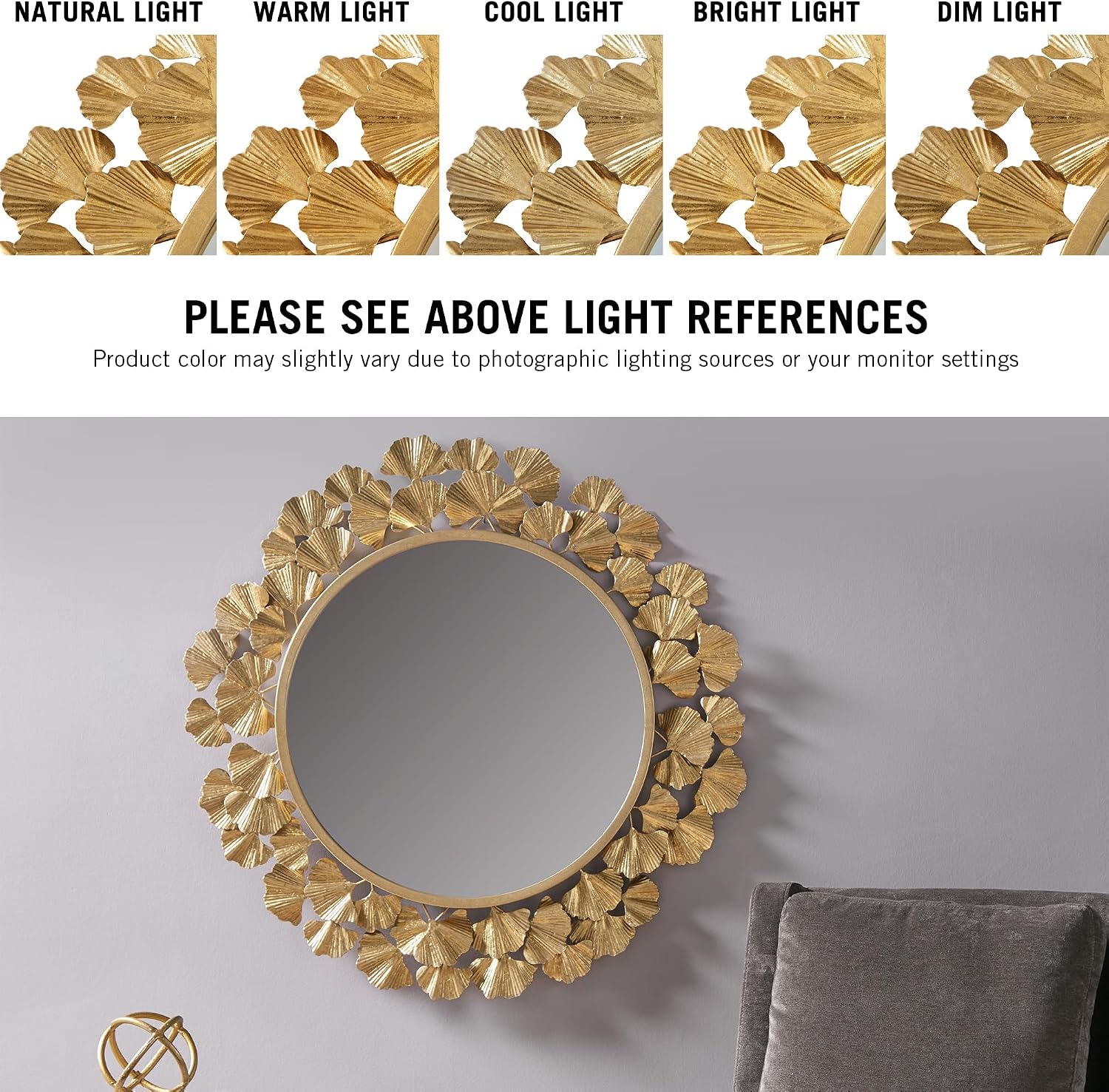 30.5" Antique Gold Gingko Leaf Round Wall Mirror