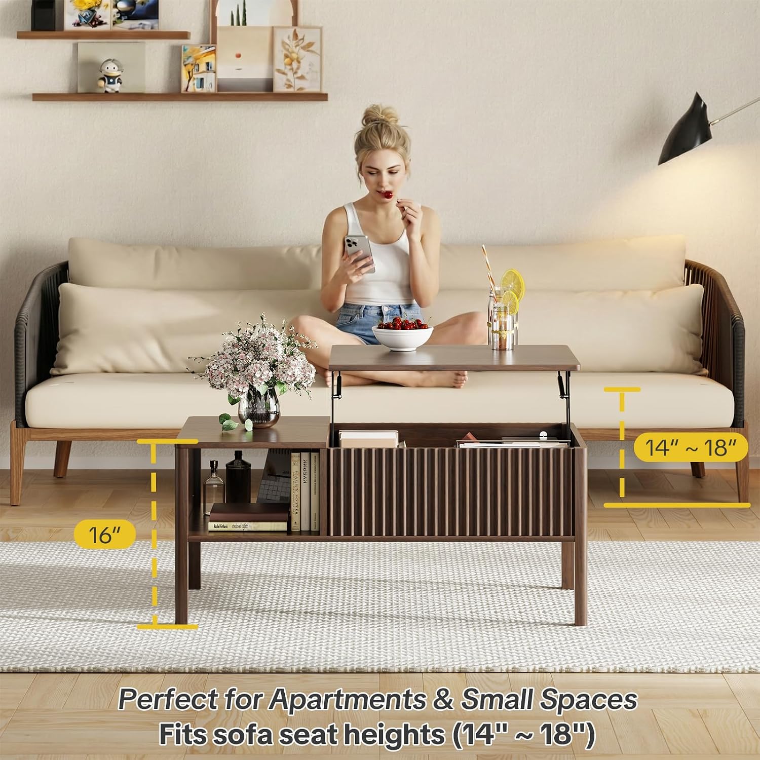 Brown Hydraulic Lift Storage Coffee Table