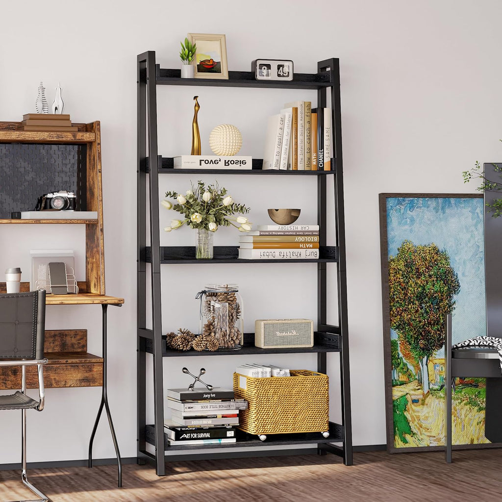 Black Industrial 5-Tier Ladder Bookshelf