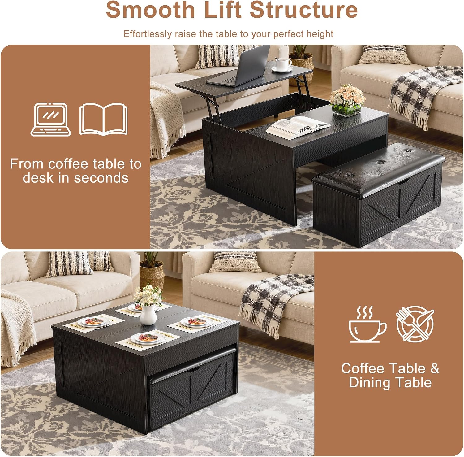 31.5" Black Farmhouse Lift Top Coffee Table with Bench