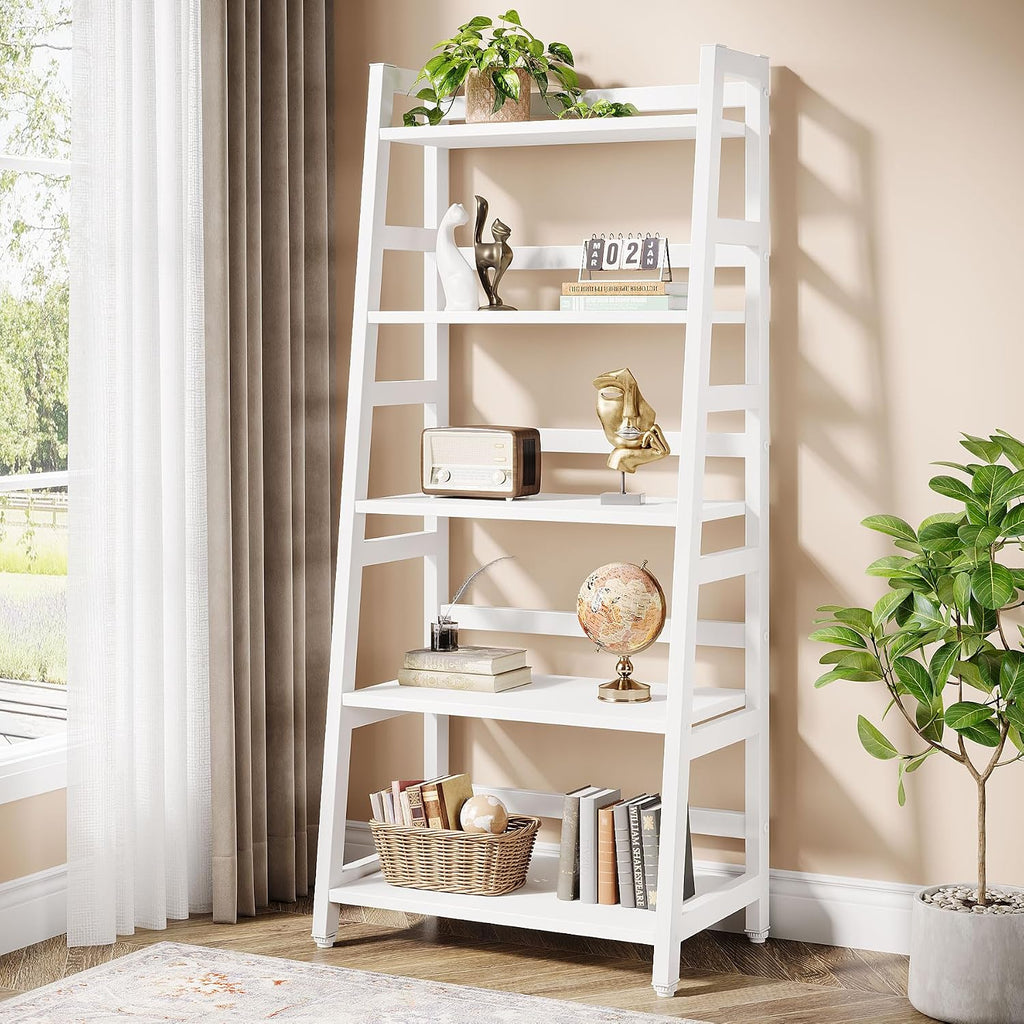 White Modern 5-Tier Ladder Bookshelf