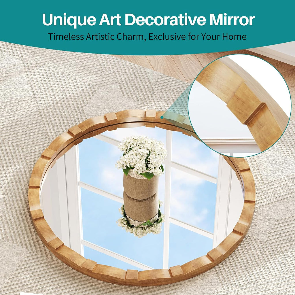 31.5" Natural Wood Farmhouse Round Wall Mirror