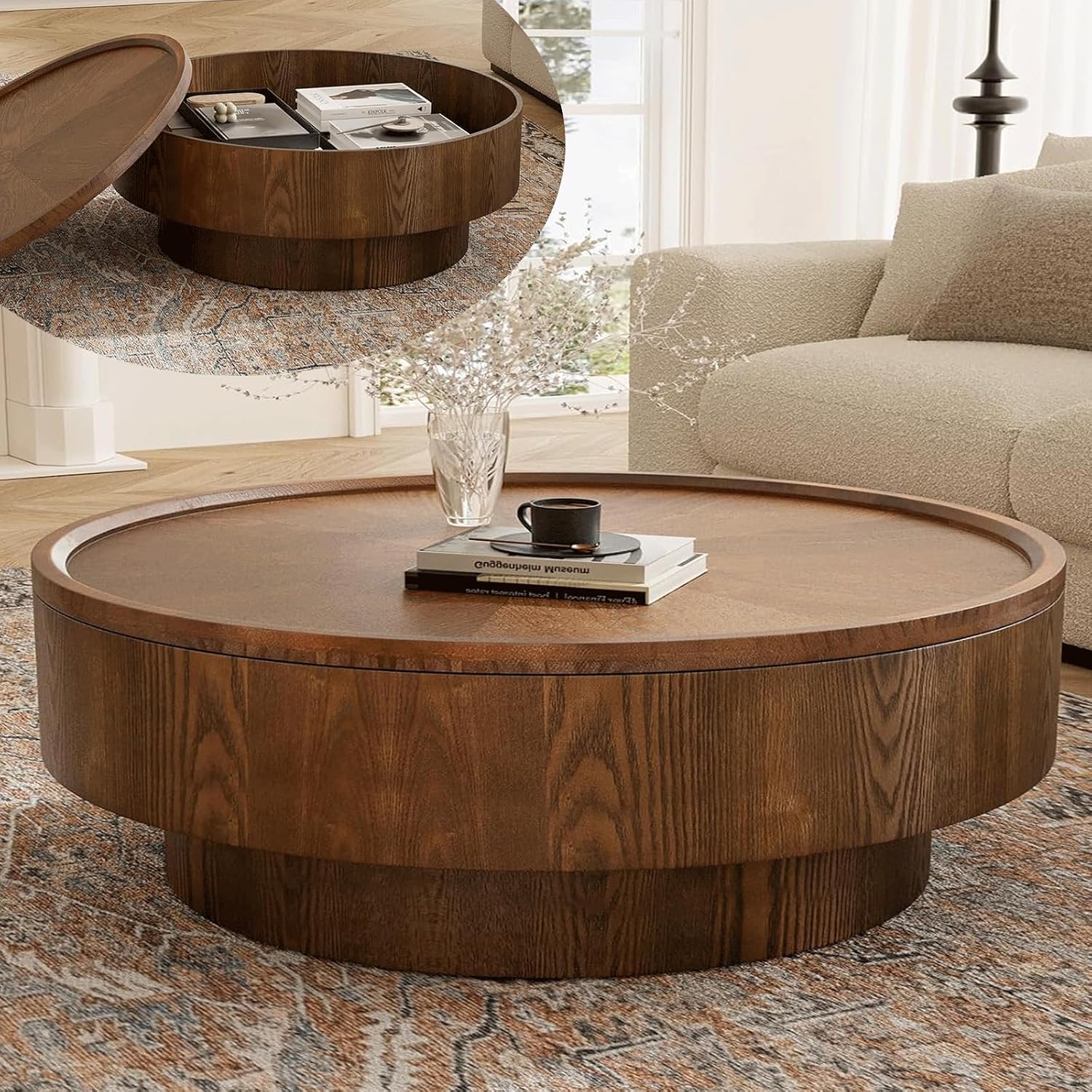 39.37" Walnut Round Storage Coffee Table