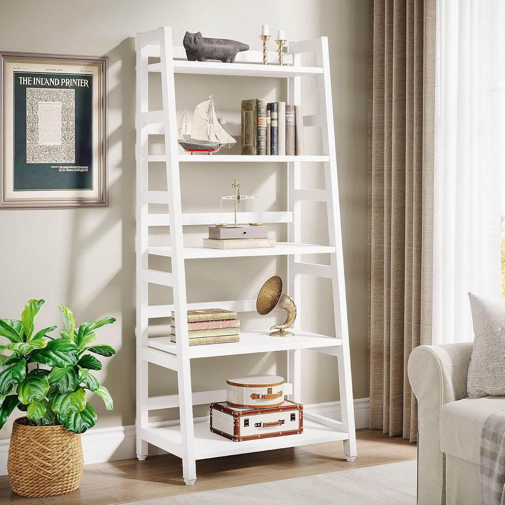 White Modern 5-Tier Ladder Bookshelf