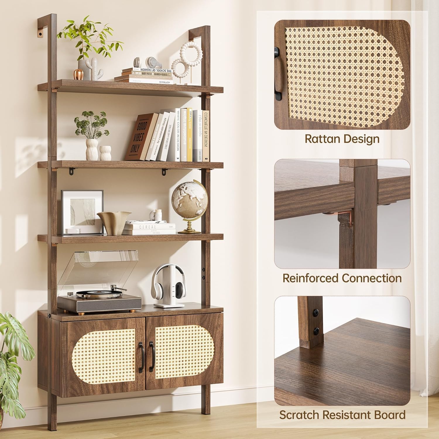 72" 4 Tier Ladder Bookshelf with Storage Cabinet