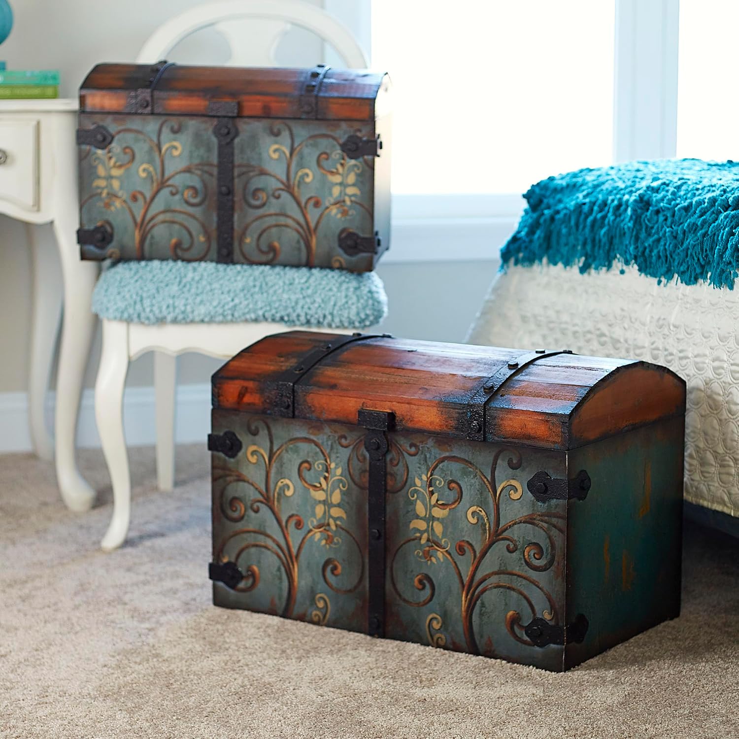 Blue Floral Vintage Wooden Storage Trunk