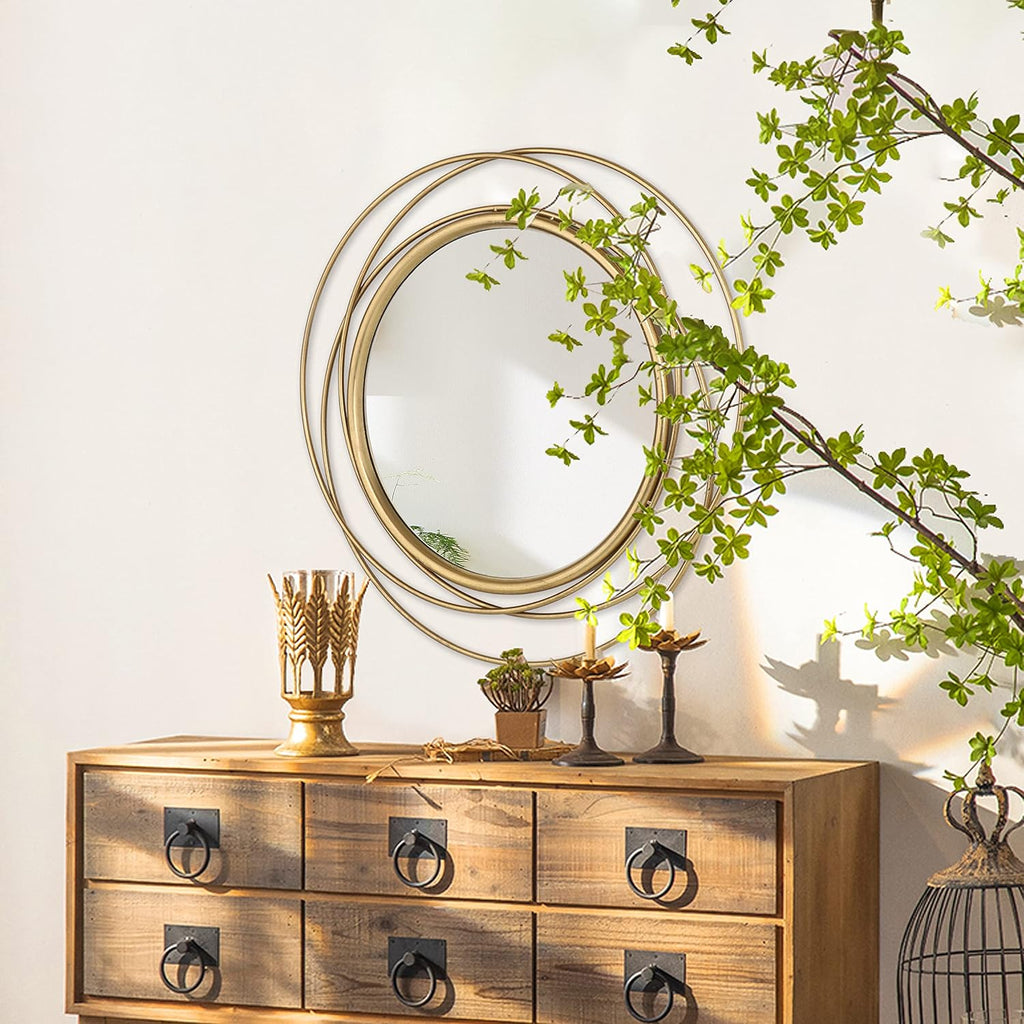 32 Inch Gold Leaf Metal Frame Round Wall Mirror