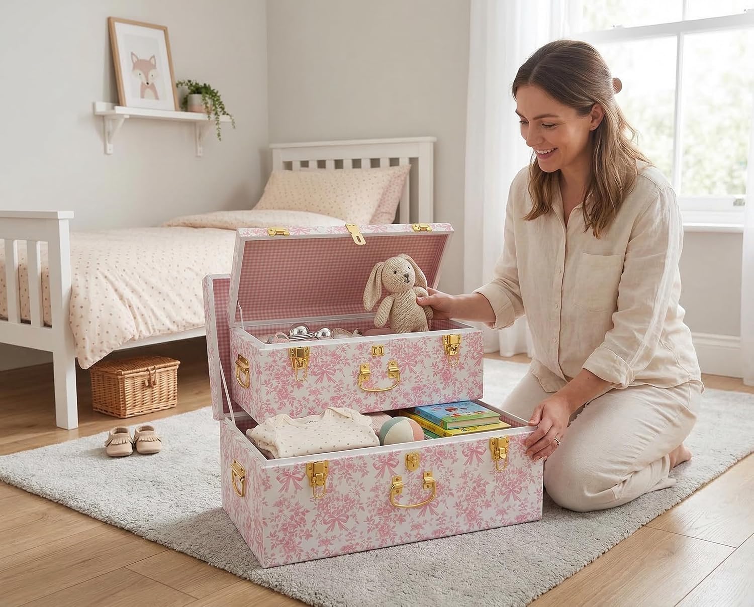 Pink Floral Stackable Storage Trunk Set of 2