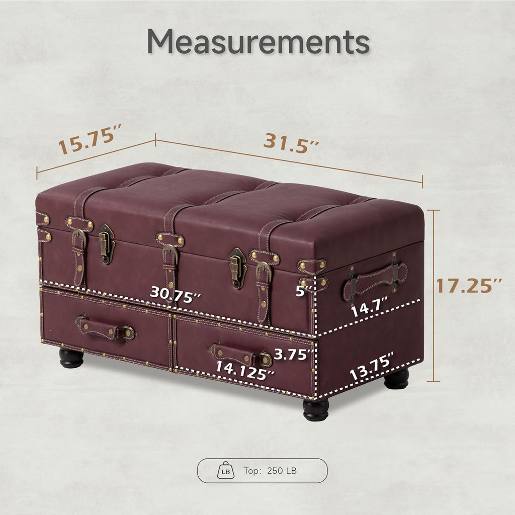 Burgundy Vintage Storage Ottoman Bench
