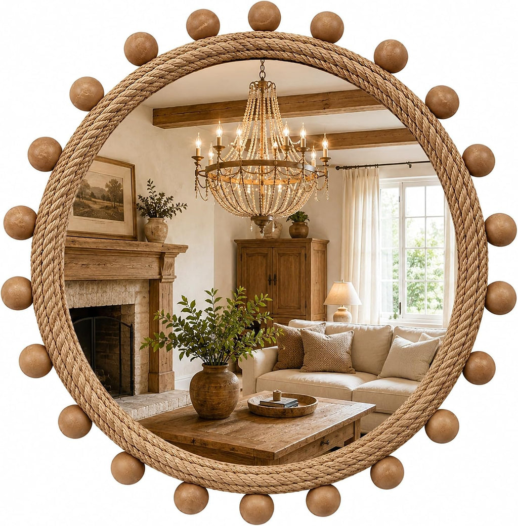 30" Round Jute Rope Beaded Wall Mirror