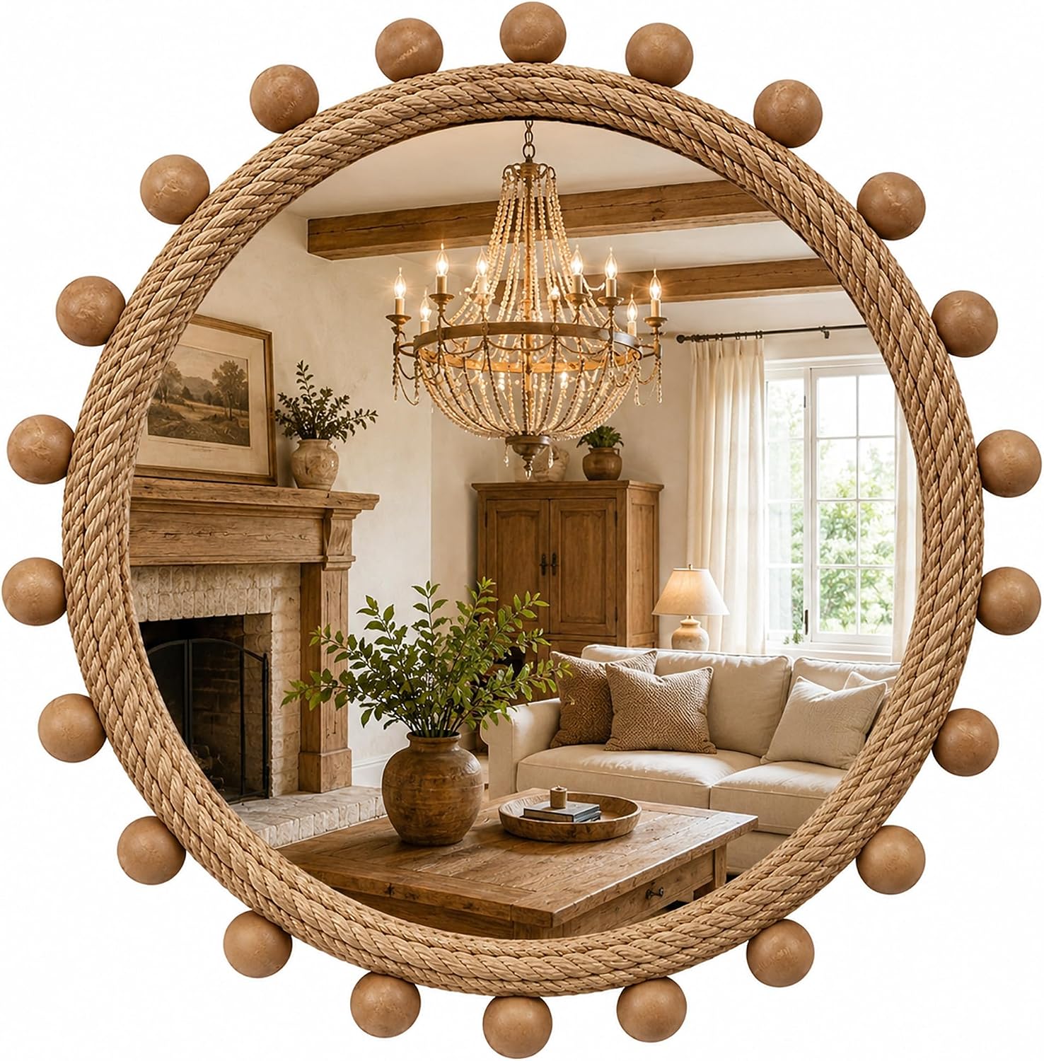30" Round Jute Rope Beaded Wall Mirror