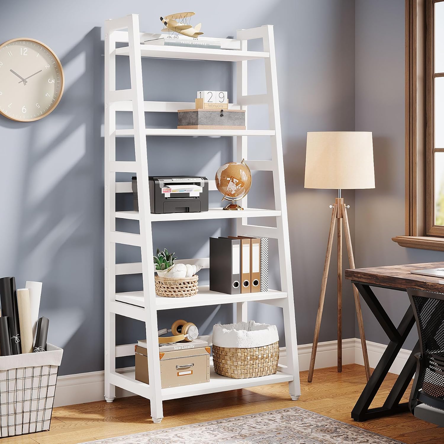 White Modern 5-Tier Ladder Bookshelf