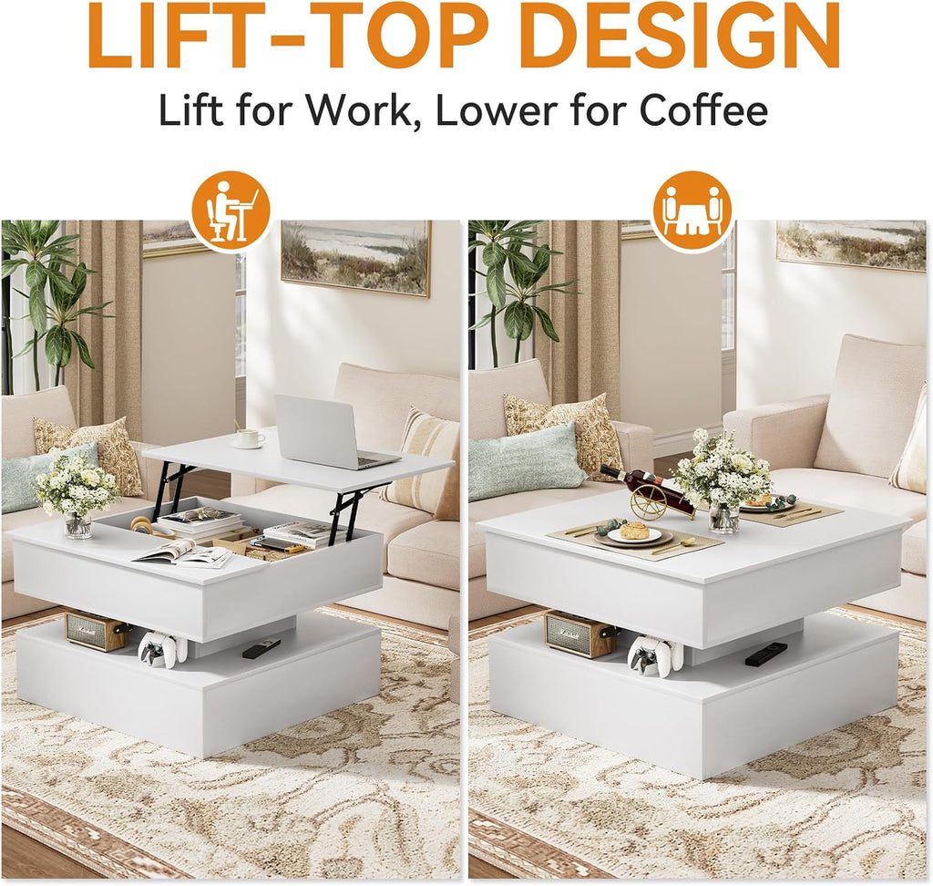 31.5" White Lift Top Storage Square Coffee Table