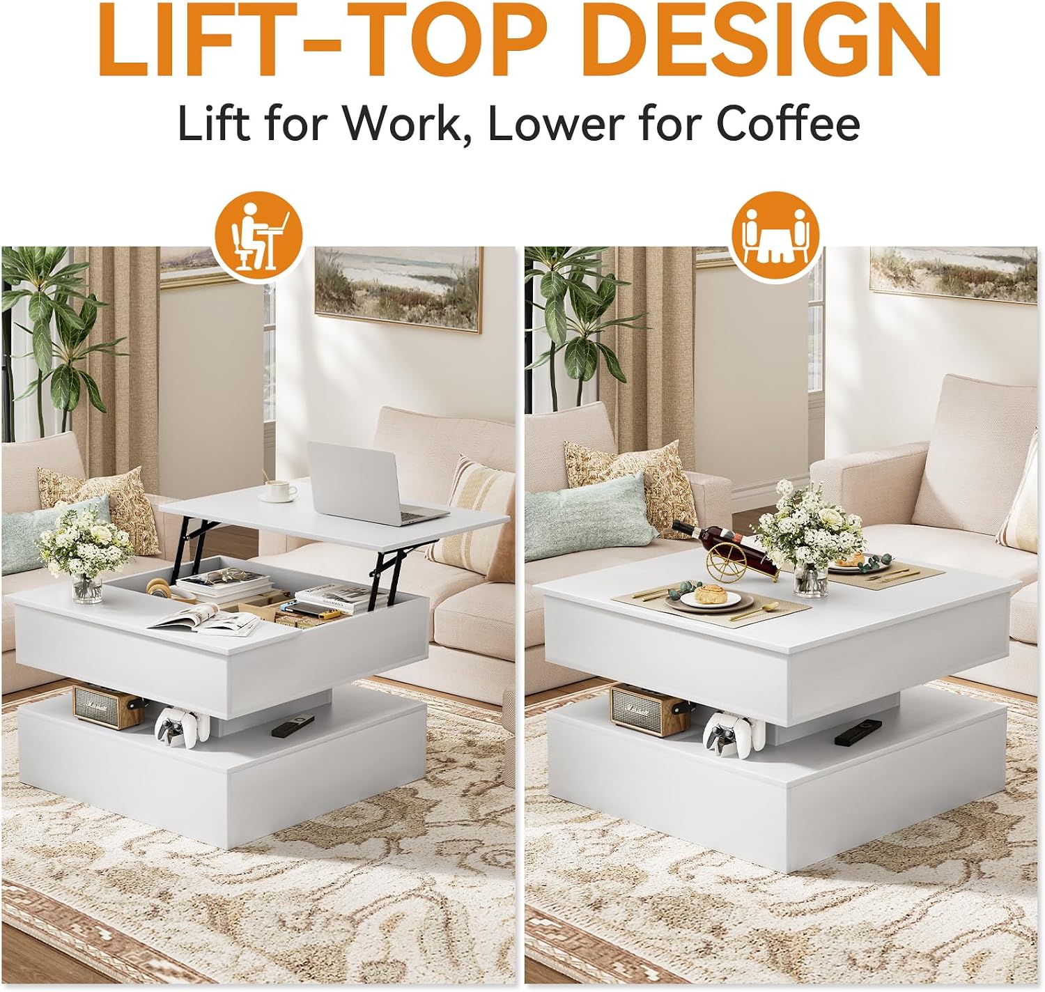 31.5" White Lift Top Storage Square Coffee Table