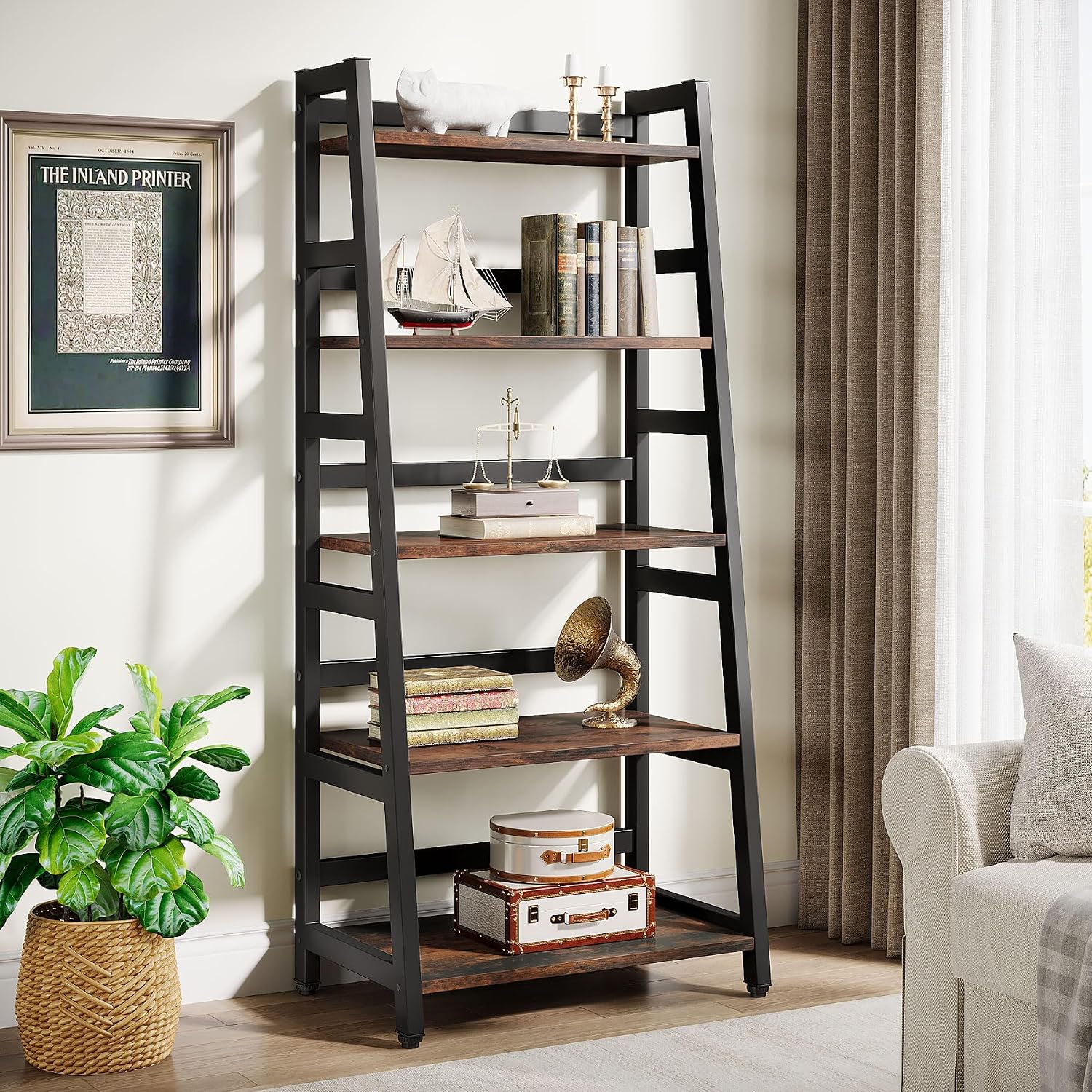 Industrial 5-Tier Ladder Storage Bookshelf