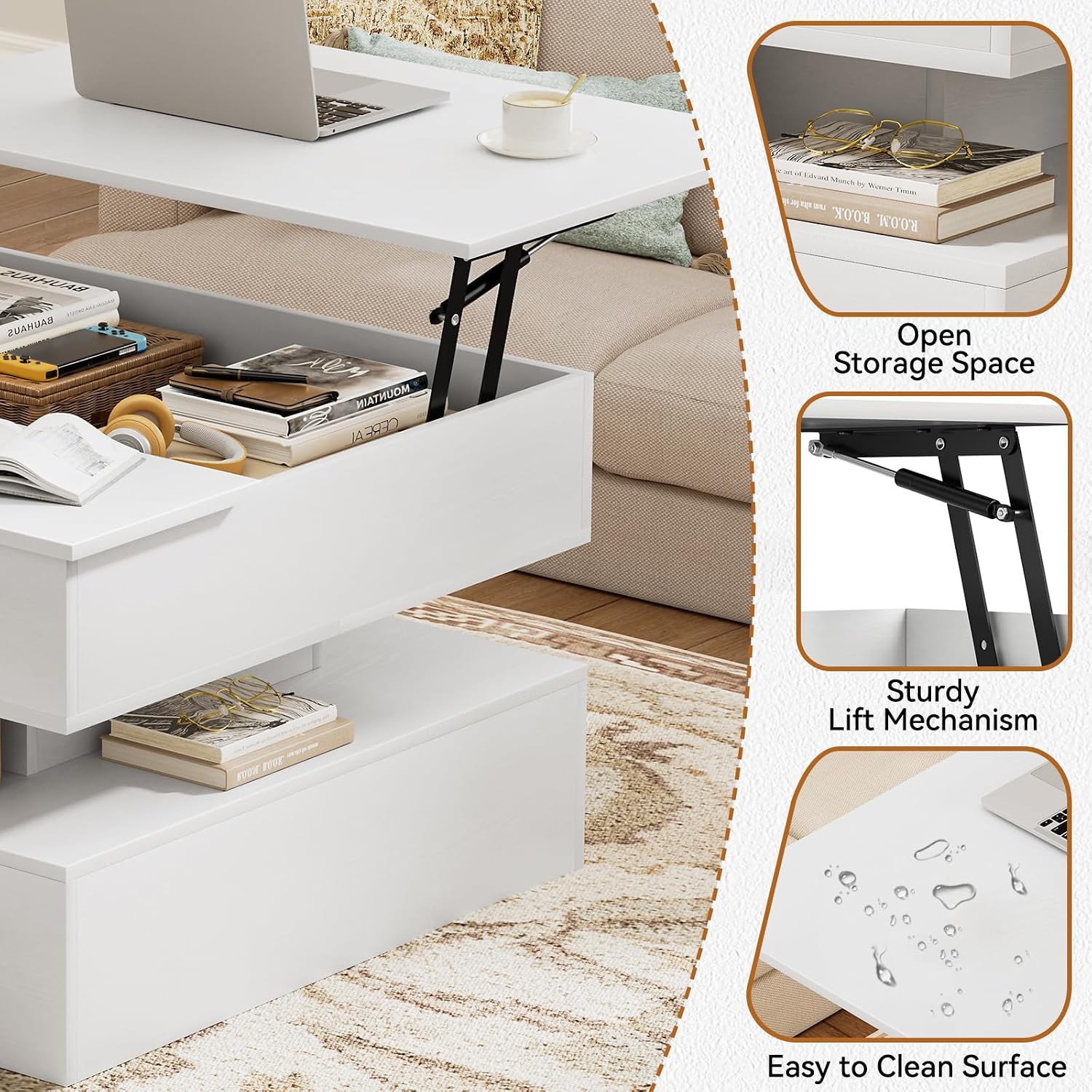 31.5" White Lift Top Storage Square Coffee Table