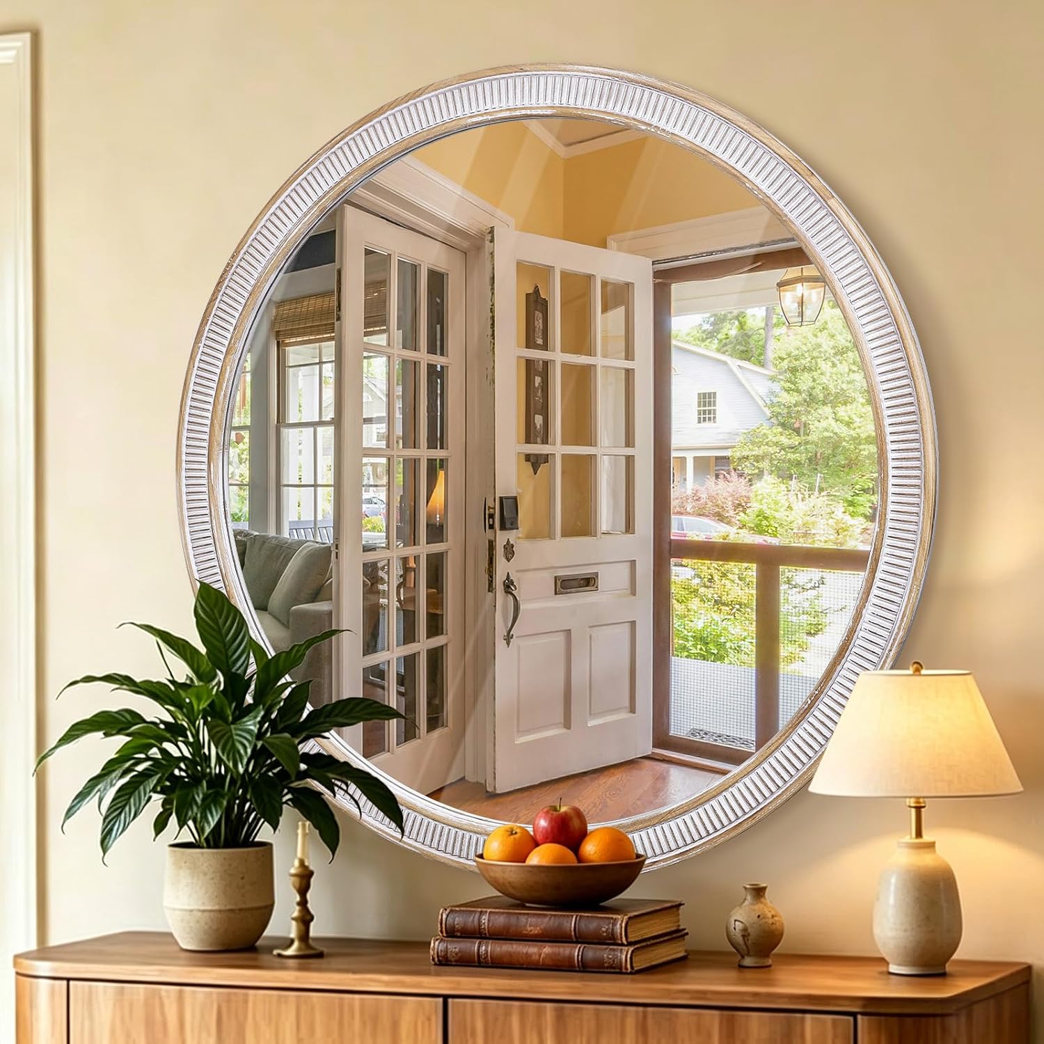 30" Rustic Wood Look Round Wall Mirror