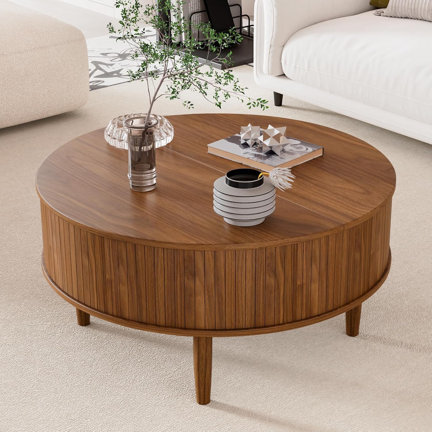 31.5" Walnut Fluted Round Coffee Table