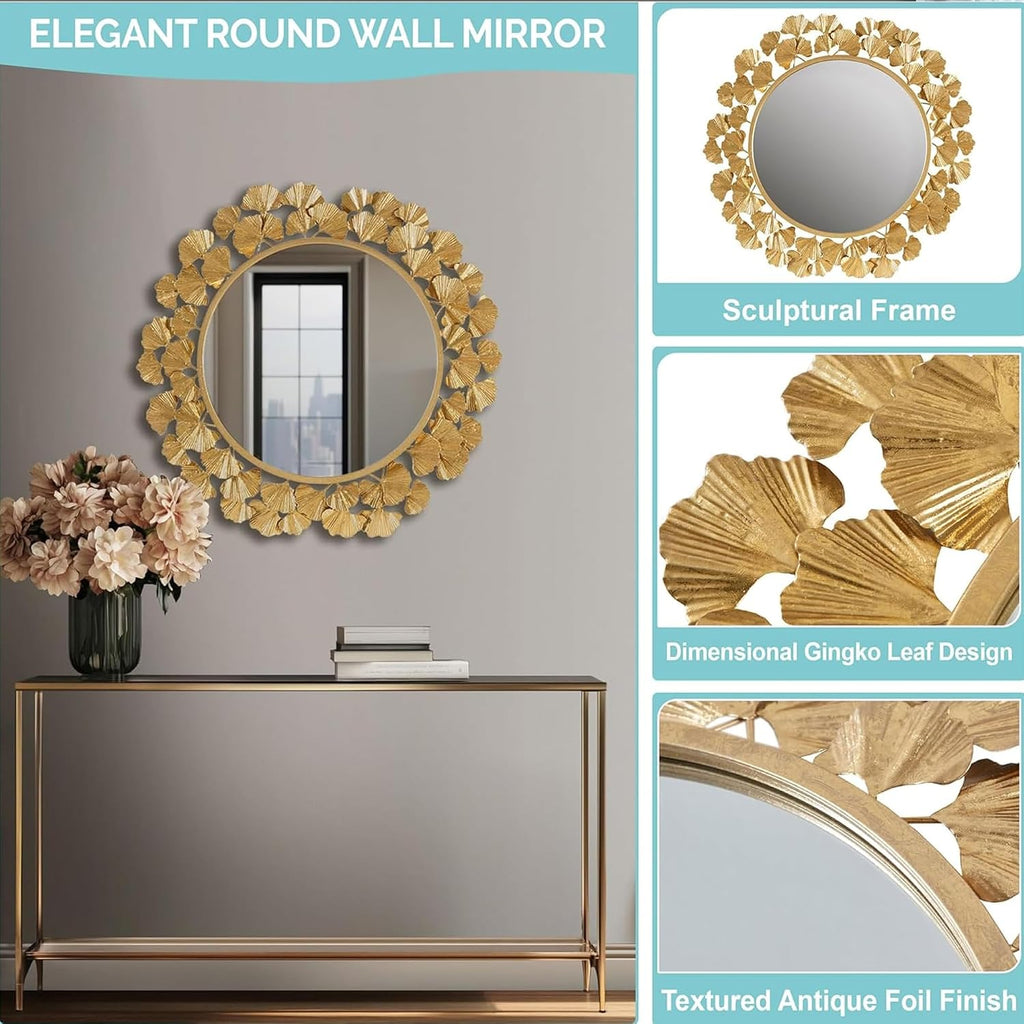 30.5" Antique Gold Gingko Leaf Round Wall Mirror