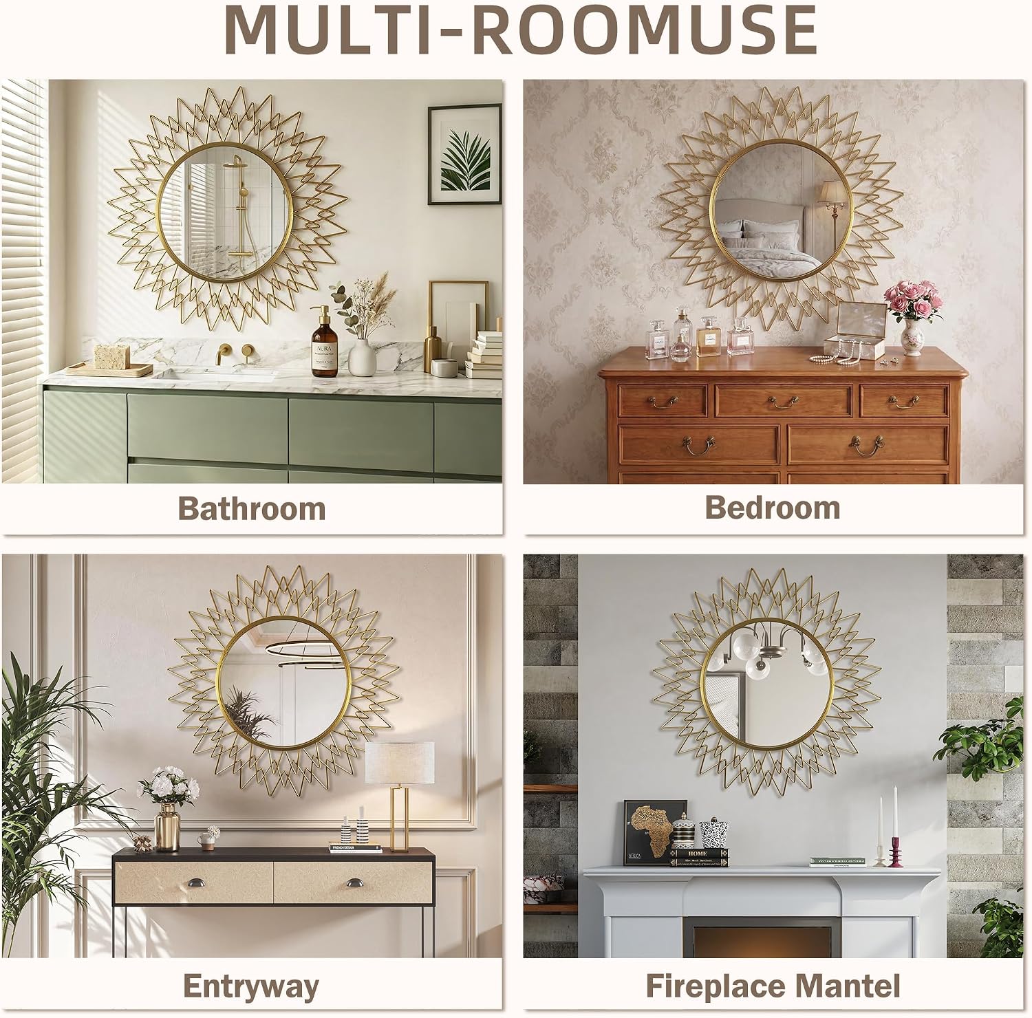 36" Champagne Gold Sunburst Round Wall Mirror