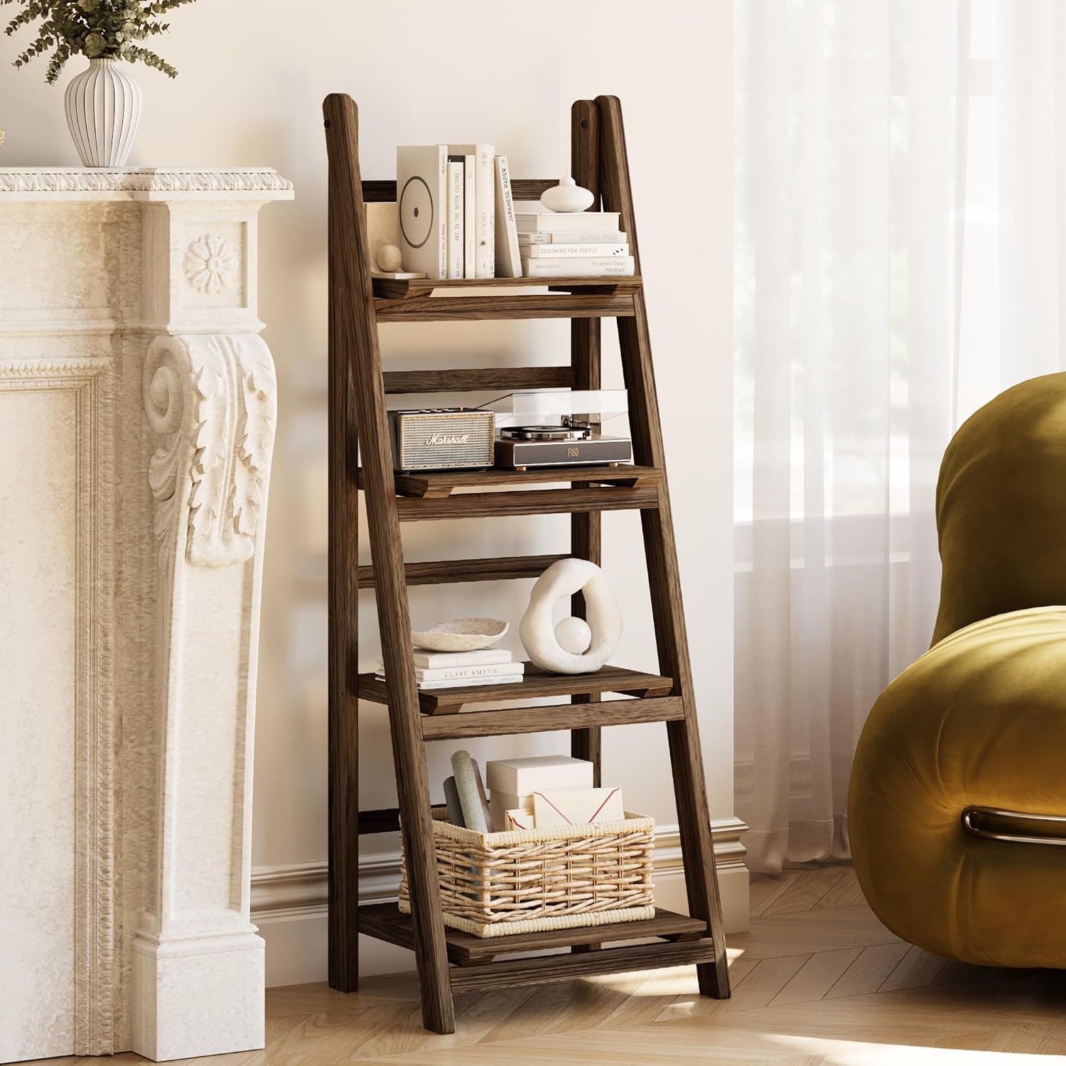 Brown Folding 4-Tier Wooden Ladder Shelf