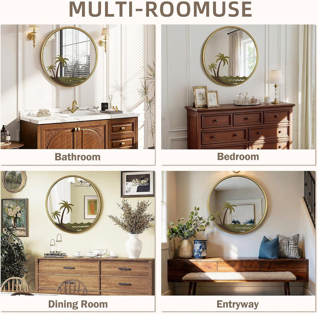 32" Champagne Gold Fluted Coconut Tree Round Wall Mirror