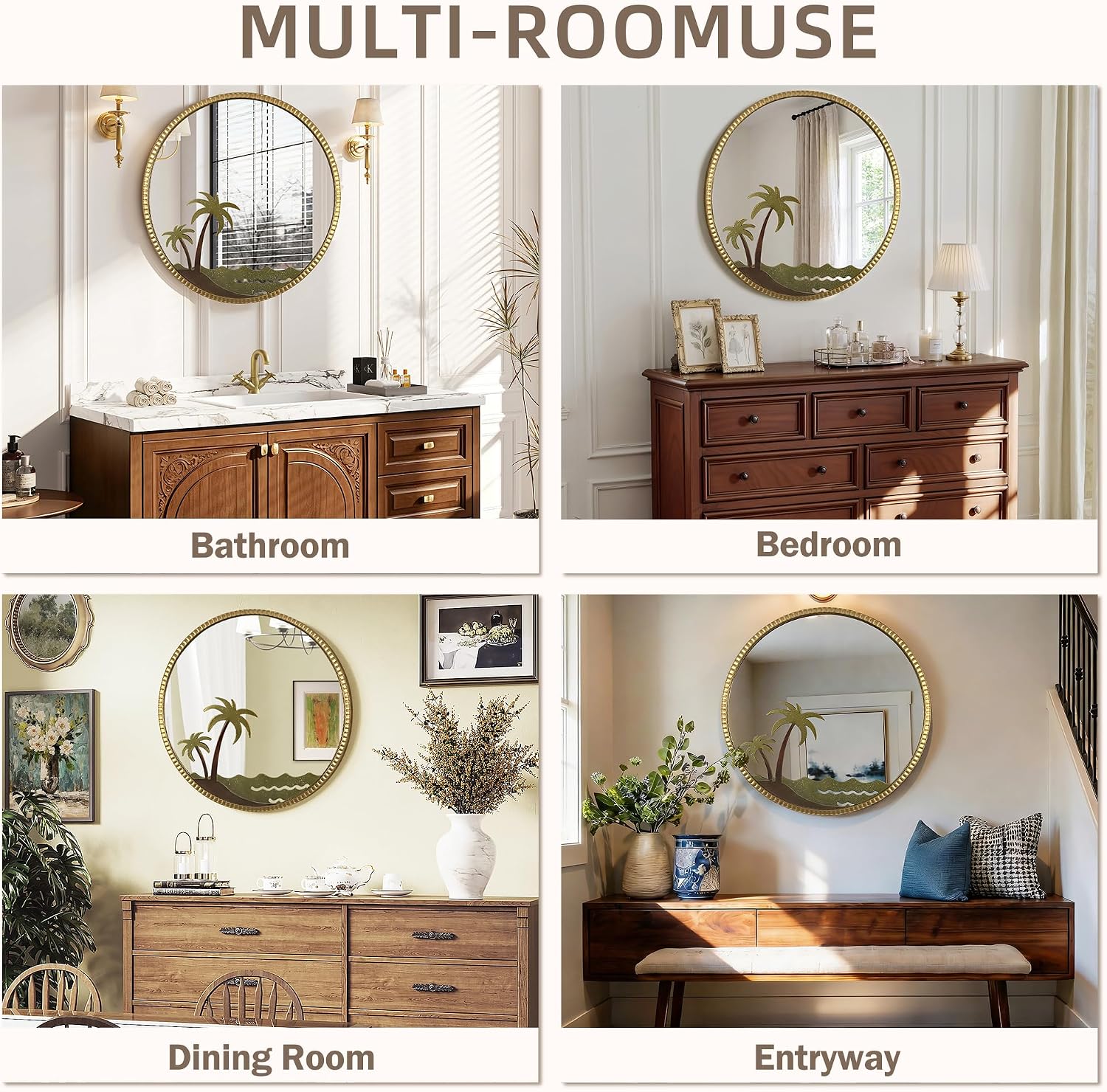 32" Champagne Gold Fluted Coconut Tree Round Wall Mirror